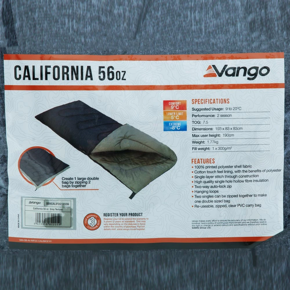 Vango California King 9C Sleeping Bag Grey 56oz 3 Vango California King 9C Sleeping Bag Grey 56oz - Image 2